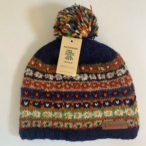 Pachamama Bobble Beanie hat hand knit Unisex Blue Orange Green Fleece Lined Pom